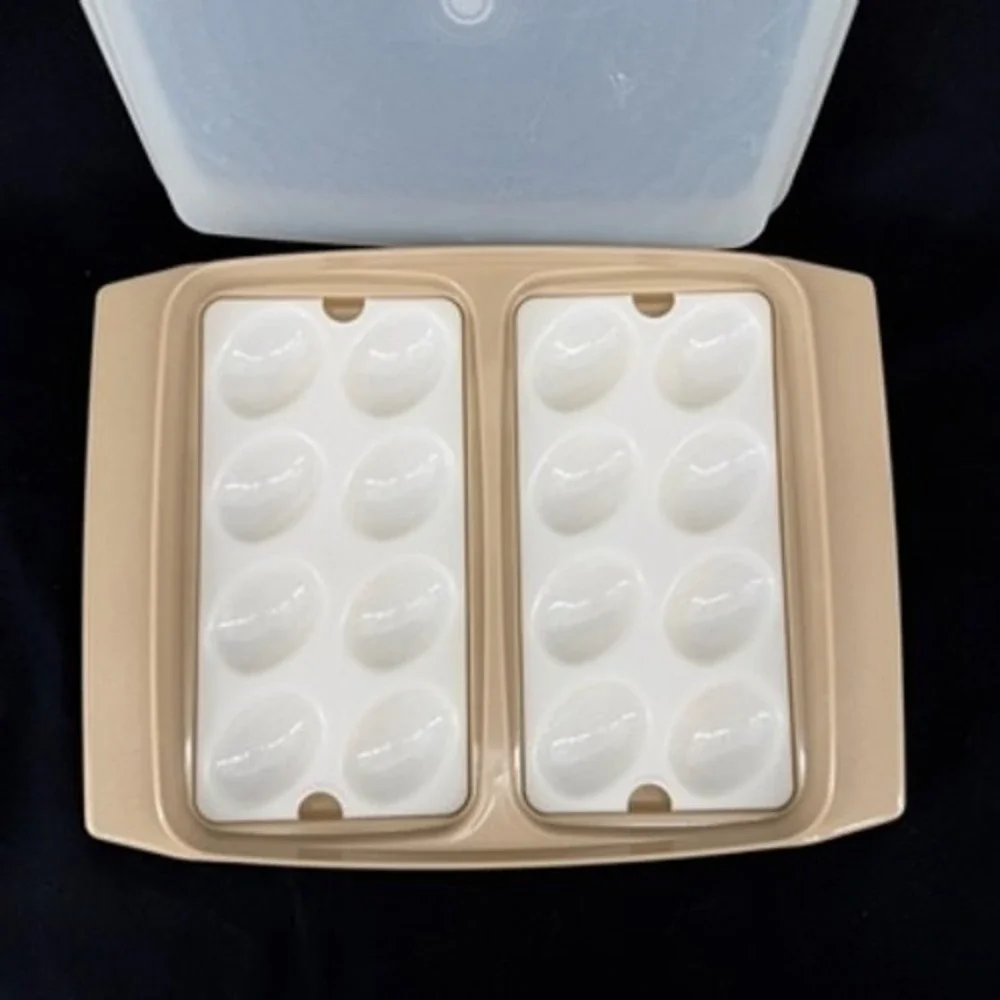Vintage Tupperware Deviled Egg Keeper 723 Almond Beige 16 Slot Carrier with Lid